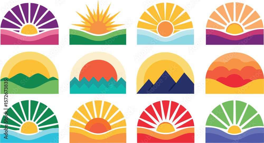 Vector art of various sun and sunrise icons in a colorful and modern style, suitable for a wide range of design projects Vector art of various sun and sunrise icons in a colorful and modern style, suitable for a wide range of design projects