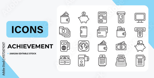 Iconic Achievement: A curated collection of line-art icons depicting elements and symbols of financial achievement and monetary growth.