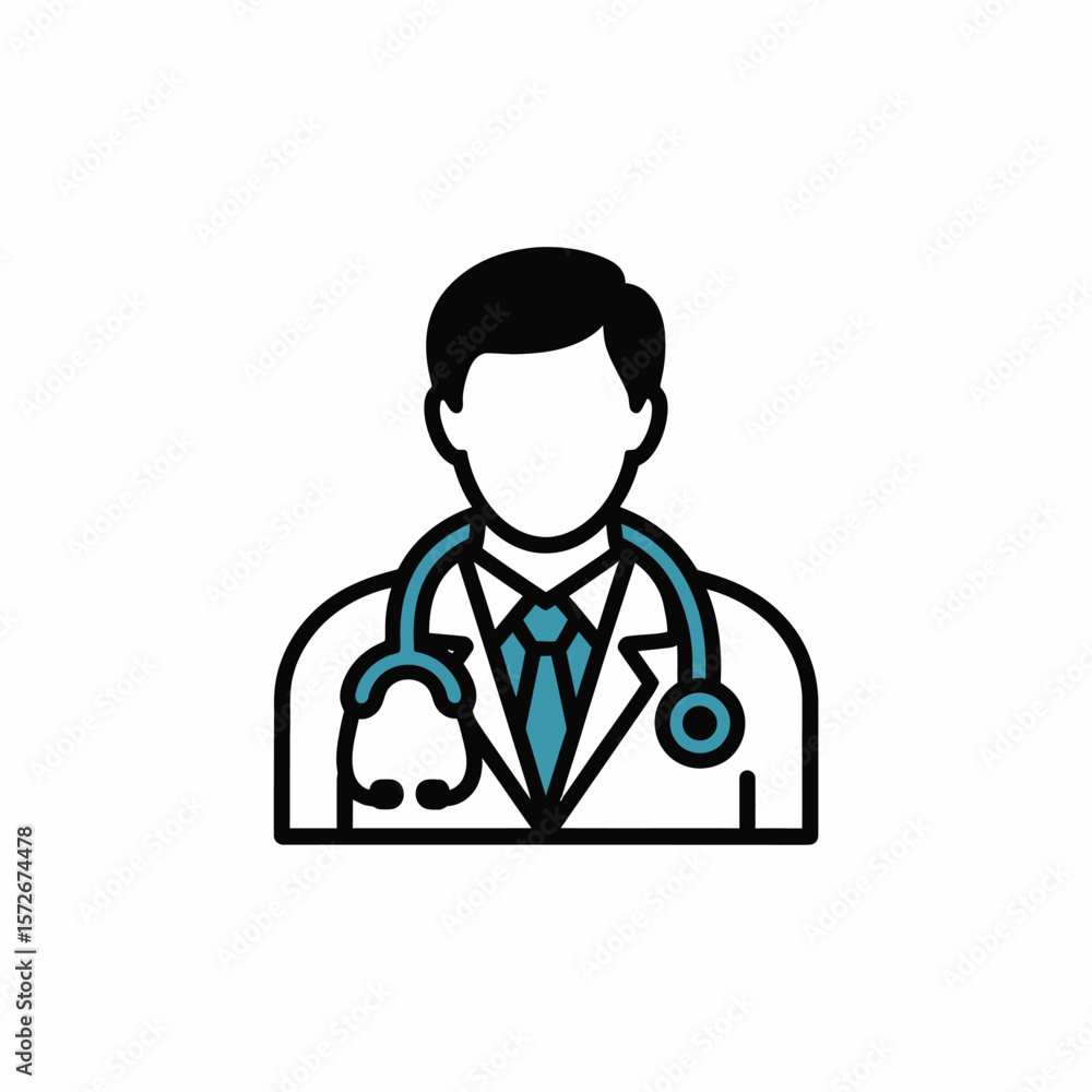 Fototapeta premium Minimalist Vector Icon of a Doctor Wearing a White Coat Blue Tie and Teal Stethoscope healthcare