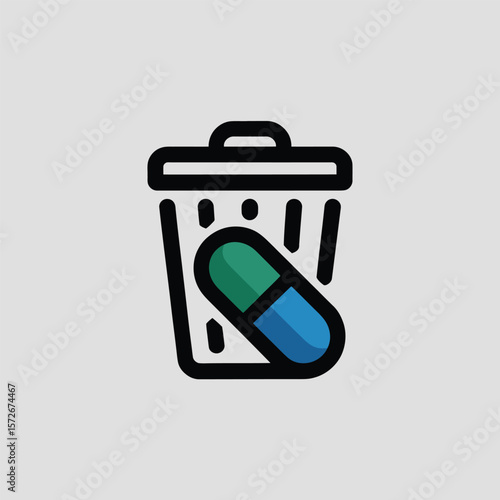 Minimalist vector icon depicting a teal and blue capsule falling into a black line art trash can against a light gray background simple graphic design element for
