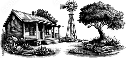 Vintage rural scene with rustic house, windmill, and tree - hand drawn black and white engraving for poster or card design
