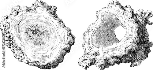 Vintage hand drawn engraving of tree rings and bark cross sections for retro design