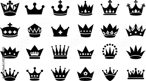 Vector art of a collection of twentyone unique crown silhouettes, each representing royalty and power