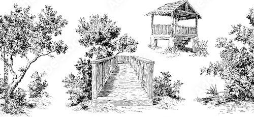 Black and white engraving set featuring rustic bridge and gazebo illustration