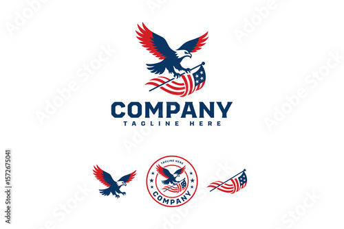Bold eagle logo design carrying an American flag, available in multiple layouts. Ideal for patriotic branding, sports teams, security firms, or political campaigns.