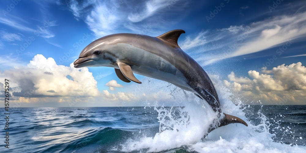Fototapeta premium Wild bottlenose dolphins jump from the blue ocean water, splashing as they swim