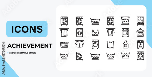 Laundry Icons: A diverse set of minimalist line art icons showcasing various aspects of laundry, ranging from washing machines and clothes to detergents and ironing boards.