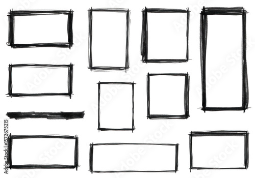 A collection of handdrawn rectangular frames with a rough, sketchy texture on white isolated on transparent background