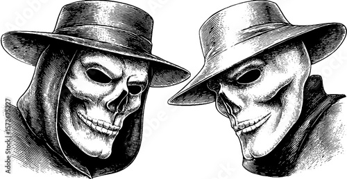 Vintage skull masks in hat illustration set - black and white engraving for retro design