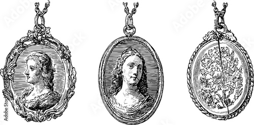 Vintage black and white medallion sketch set with ornate frames