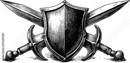 Medieval weapons and shield silhouette in vintage black and white engraving style
