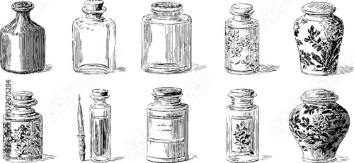 Vintage black and white engraving of apothecary bottles collection for retro design