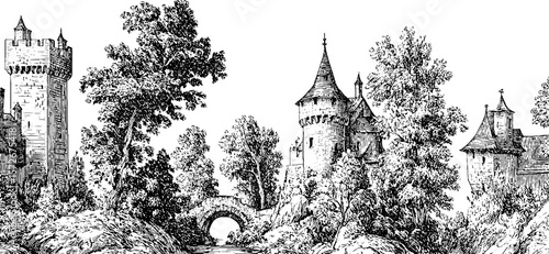Medieval castle scene with tower and bridge - vintage black and white engraving