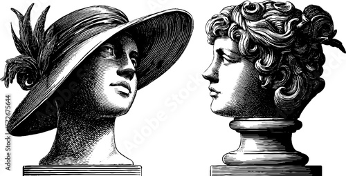 Vintage black and white engraving of busts with hats and curls for retro design projects