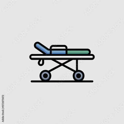 Simple Flat Icon Design of a Medical Stretcher with Blue and Green Padded Surface on Wheels Against a Light Gray Background
