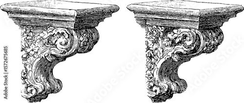 Vintage baroque decorative wall corbels, hand drawn black and white engraving illustration for retro design projects