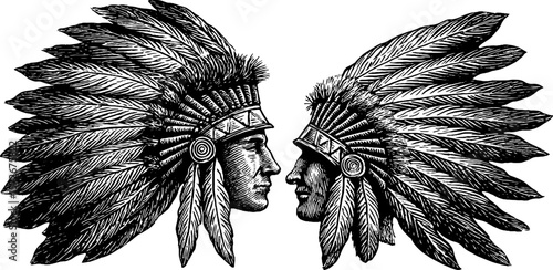 Native american headdresses: vintage black and white hand drawn engraving illustration