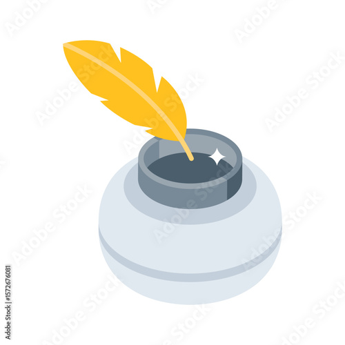 A colorful isometric icon of antique quill ink and pen