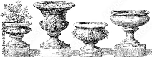 Vintage black and white engraving of ornate garden urns and planters