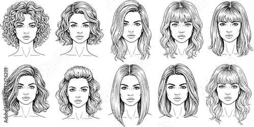 Collection of diverse female hairstyles illustrated in a clean line art style