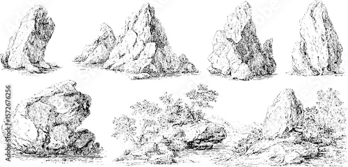 Black and white hand drawn engraving set of opal rocks and landscapes