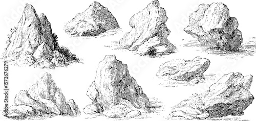 Intricate black and white engraving of opal rocks - vintage hand drawn illustration for retro design
