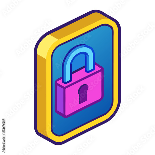 Pink padlock blue shackle blue background yellow purple border security safety