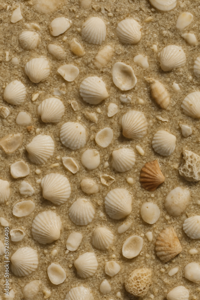 Close-up of various seashells scattered on sandy beach surface Close-up of various seashells scattered on sandy beach surface