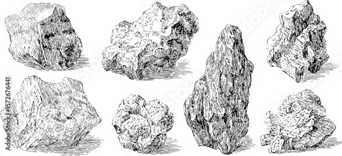 Vintage black and white hand drawn ore rocks engraving for decorative design