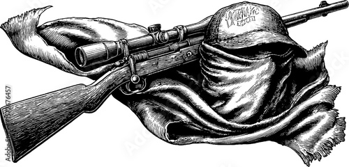 Vintage engraving of rifle with hat and scarf silhouette for retro design