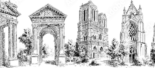 Vintage architectural sketches of classical structures and monuments