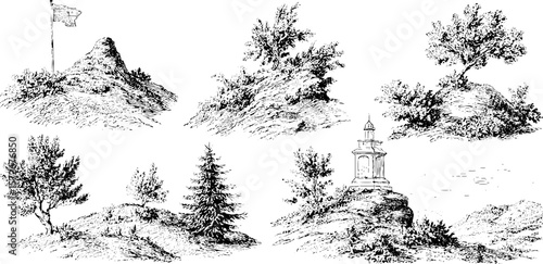 Vintage black and white engravings of landscapes with hilltops and trees