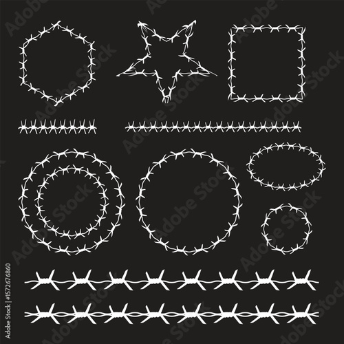Barbed wire collection silhouette vector. Barbed wire metallic border elements, barb wire set, barb wire icon. Barbed wire fence on the border silhouette