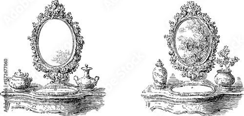 Vintage vanity mirror and decor set engraving for retro design