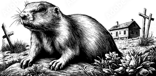 Vintage prairie scene with groundhog and cabin in black and white engraving style
