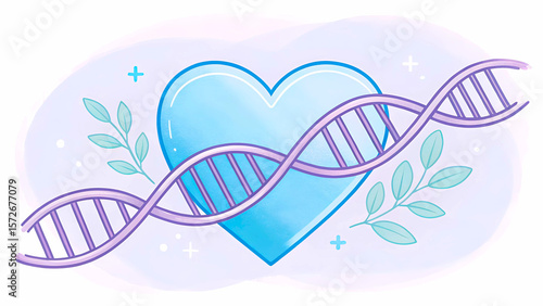  Stylized DNA Helix Wrapped Around a Blue Heart with Leaves and Pastel Background.