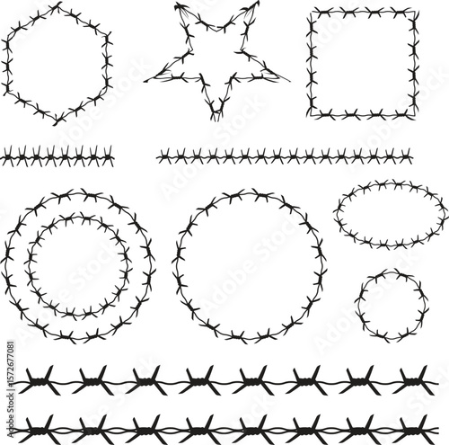 Barbed wire collection silhouette vector. Barbed wire metallic border elements, barb wire set, barb wire icon. Barbed wire fence on the border silhouette