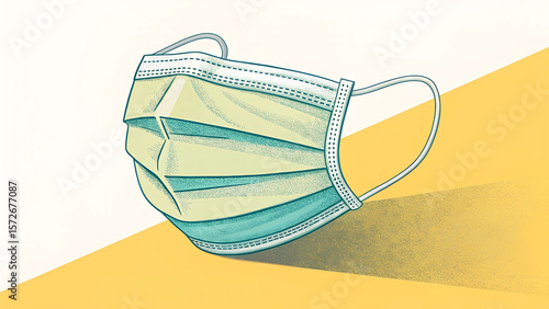 Stylized Drawing of Medical Face Mask on Yellow and Cream Abstract Background.