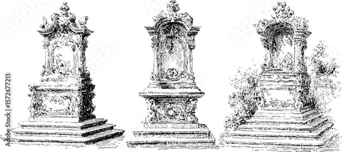 Vintage black and white engraving of ornate stone monuments