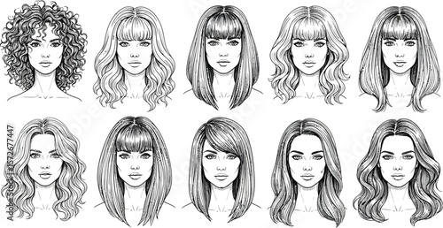 Collection of ten diverse female hairstyles illustrated in a line art style