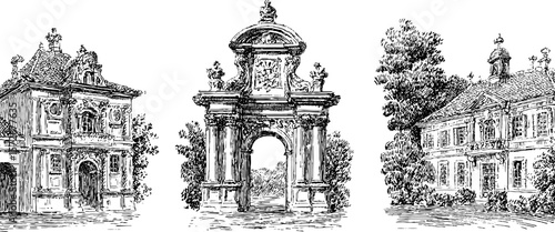 Vintage architectural sketches of historical buildings and monuments in black and white