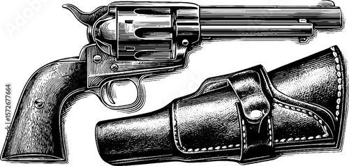 Vintage western revolver and holster hand drawn engraving for retro design
