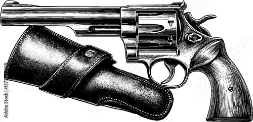 Vintage revolver with holster illustration in black and white engraving style