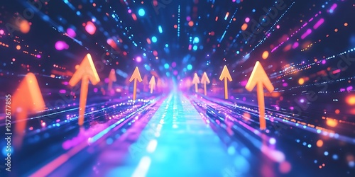 Arrows pointing upwards in a digital light tunnel