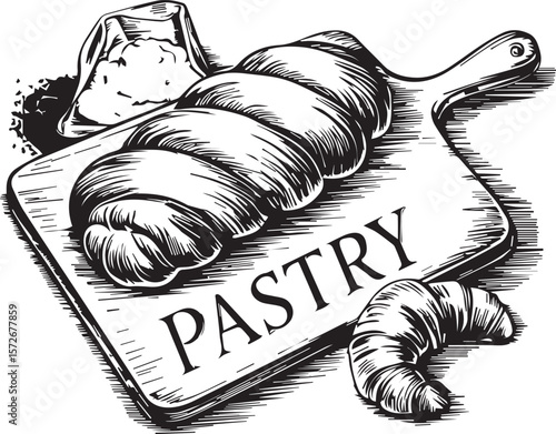 Vintage Engraving Style Illustration of Freshly Baked Pastry Dough on a Wooden Cutting Board with "PASTRY" Text, Alongside a Bag of Flour and a Croissant, Evoking Traditional Baking and Rustic Charm