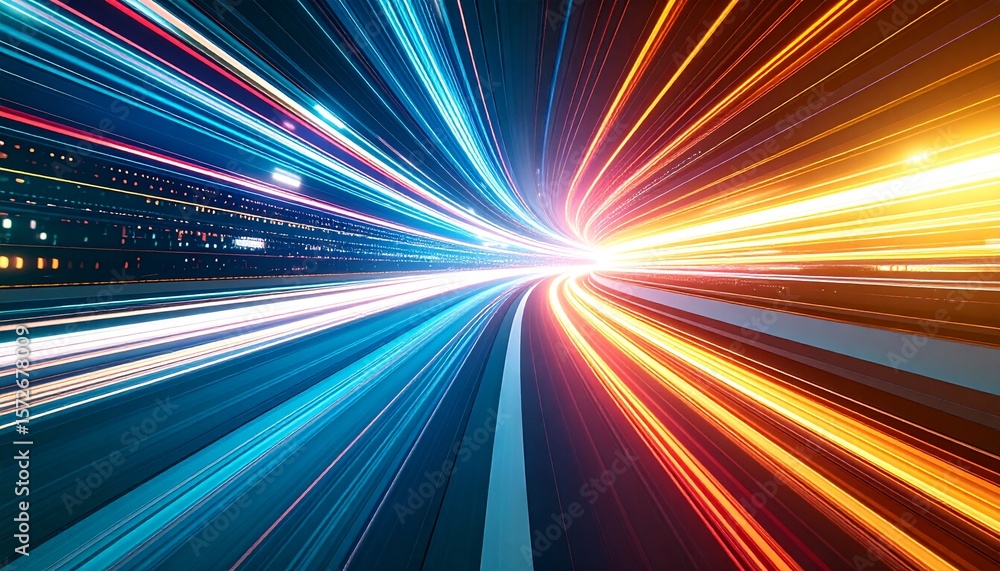 Abstract depiction of light trails converging towards a bright central point, symbolizing speed and energy. Abstract depiction of light trails converging towards a bright central point, symbolizing speed and energy.