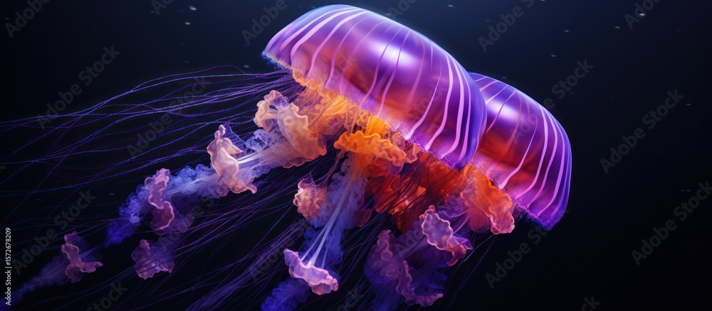 Fototapeta premium Abstract translucent jellyfish glowing with purple light in deep blue ocean water