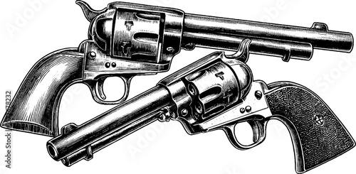Vintage black and white hand drawn engraving of revolvers silhouette for retro design