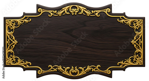An ornate wood sign with an elegant gold frame displays a rustic yet refined style, perfect for branding and announcements.