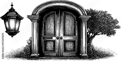 Vintage black and white engraving of salo doorway and lantern for artistic design